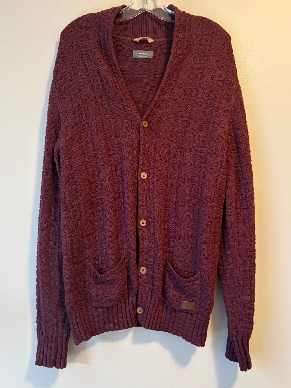 Bertoni of Denmark Men's Burgundy Textured Knit Cardigan Sweater Large L